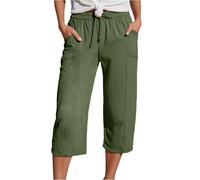 Double-Crepe ¾-Length Linen Trousers, Women’s Lightweight Travel Pants with Elastic Waist & Deep Pockets, Ideal for Sightseeing and Summer Vacations Green