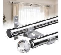 Double Curtain Poles, 2.5 cm Diamond Decorative Double Window Rods 76-158 cm Adjustable Curtain Poles for Sliding Glass Door, Patio, Bedroom, Silver