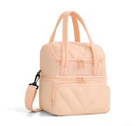Double deck insulated lunch bag with full opening zipper and organized compartments to separate warm and cold items during travel or work (Pink)