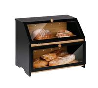 Double Decker Bamboo Bread Bin, 2-Layer Bread Box with Wavy-Textured Door Panels, Large Capacity Wooden Bread Storage Container for Kitchen Storage, 39.5 x 25 x 32 cm (black)