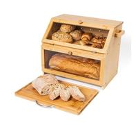 Double Decker Bamboo Bread Bin 2-Tier Bread Box With Cutting Board And Knife Holder Naturally Antibacterial Sustainable Eco Friendly Storage Box Organic Premium Kitchen Organiser (Black (Premium))