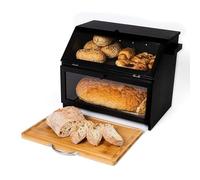 Double Decker Bamboo Bread Bin 2-Tier Bread Box With Cutting Board And Knife Holder Naturally Antibacterial Sustainable Eco Friendly Storage Box Organic Premium Kitchen Organiser (Black (Premium))