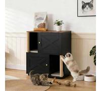 Double-Decker Cat Litter Box Enclosure for 2 Cats, Hidden Cat Litter Box Furniture with Scratching Posts & Mat, Wooden Indoor Cat Litter Cabinet Cupboard Side Table, 80x50x88 cm - Black X Door