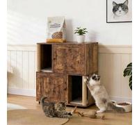 Double-Decker Cat Litter Box Enclosure for 2 Cats, Hidden Cat Litter Box Furniture with Scratching Posts & Mat, Wooden Indoor Cat Litter Cabinet Cupboard Side Table, 80x50x88 cm - Retro X Door