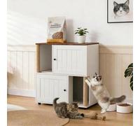 Double-Decker Cat Litter Box Enclosure for 2 Cats, Hidden Cat Litter Box Furniture with Scratching Posts & Mat, Wooden Indoor Cat Litter Cabinet Cupboard Side Table, 80x50x88 cm - White Pull Door