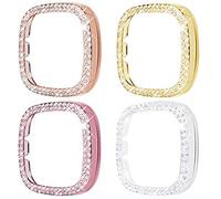 [Double Diamonds] SINGEAR Bling Protector Case Compatible for Fitbit Versa 4/ Sense 2, Shiny Crystal Rhinestone Bumper Frame for Women Smart Watch (4 Pack, Clear+Rose Gold+Rose Pink+Gold)
