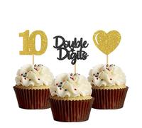 Double Digits 10 Cupcake Toppers - Girls Children Boys 10th Birthday Cupcake Toppers - Ten Years Old Birthday Party Decorations Gold Black Glitter - 24 Pcs