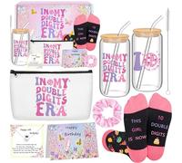Double Digits 10 Year Old Girl Birthday Gifts,10th Birthday Gift Ideas,Cool Things for Aged Ten Years Present Set with Cup, Makeup Bag,Socks,Greeting Card for Daughter Granddaughter Niece Girls