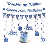 Double Digits 10th Birthday Decorations - Blue Banner Hanging Swirls Decoration Set with Pennant, Happy Birthday Cake Topper for Boys 10 Years Old Party Supplies