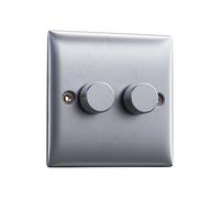 Double Dimmer Switch for Lights Brushed Steel | VELTZ Pro | 2 Gang 2 Way 400W x2 | Slim Curved Round Edge Design | Wall Electrical Power Switched