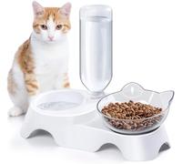 Double Dog Cat Bowls - Pets Water and Food Bowl Set, 15°Tilted Water and Food Bowl Set with Automatic Waterer Bottle for Small or Medium Size Dogs Cats