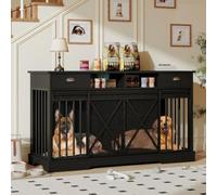 Double Dog Crate with Removable Divider, 63'' Extra Large Dog Cage Furniture with Sliding Doors & 2 Drawers, Multifunctional Indoor Pet House TV Stand for 2 Pets, Black