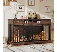 Double Dog Crate with Removable Divider, 63'' Extra Large Dog Cage Furniture with Sliding Doors & 2 Drawers, Multifunctional Indoor Pet House TV Stand for 2 Pets, Retro Brown