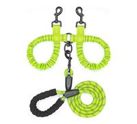 Double Dog Leash with Bungee Coupler, Tangle-Free Swivel, Shock-Absorbing No-Pull, Reflective Stitching for Night Walks, Foam Handle Grip, Multi-Functional for One or Two Dogs (Green)