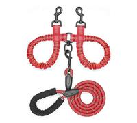 Double Dog Leash with Bungee Coupler, Tangle-Free Swivel, Shock-Absorbing No-Pull, Reflective Stitching for Night Walks, Foam Handle Grip, Multi-Functional for One or Two Dogs (Red)