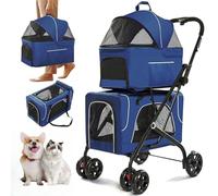 Double Dog Stroller, Foldable 3-in-1 Cat Stroller with 2 Detachable Carriers, Safety Belt, Washable Cover, Removable Pads, 4 Wheels Travel Pet Stroller for Small Medium Dogs (Blue)