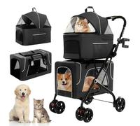 Double Dog Stroller, Foldable 3-in-1 Cat Strollers with 2 Detachable Carriers, Safety Belt, Washable Cover, Removable Pads, 4 Wheels Travel Pet Stroller for Small Medium Dogs (Black)