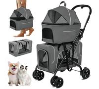 Double Dog Stroller, Foldable 3-in-1 Cat Strollers with 2 Detachable Carriers, Safety Belt, Washable Cover, Removable Pads, 4 Wheels Travel Pet Stroller for Small Medium Dogs(Grey)
