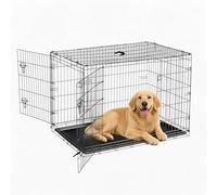 Double Door Dog Crate with Removable Tray Extra Large Dog Cage Black Puppy Cage with Removable Tray Folding Metal Frame Portable Travel XL Crate Sliding Locks & Carry Handle, 122cm L x 76cm W x 82cm H