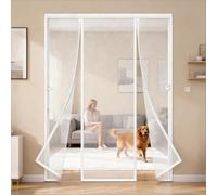 Double Door Magnetic Fly Screen with Stay Open Hooks Heavy Duty Bug Mesh Curtain with Powerful Magnets and Full Frame Hook&Loop Flyscreen French Doors Automatically Closes-White||350x300cm(138x118in)
