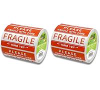 Double Dragon, 500 Labels, 2x3 Inch (50mm x 76 mm), Fragile Handle with Care Sticker, Red Warning Label for Packing Boxes, Strong Adhesive (Pack of 2)