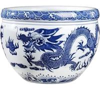 Double Dragon Fire Pearl Fish Bowl Succulent Plant Pot Chinese Style Oriental Blue and White Porcelain Flower Pots Home Desktop Decor Office Windowsill,22.5x19cm