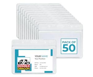 Double Dragon, Pack of 50, Premium Quality Clear Plastic Horizontal Waterproof Badge Holders, Name Tag Holders, ID Card Holders with Zip Seal