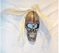Double Duck 27 cm high Wooden Skull Mask, White Hair, Hand- Carved In Bali, Halloweene