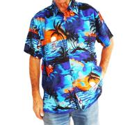 Double Duck Loud Hawaiian Men’s Shirt with Palm Trees, Sunsets Hibiscus, Stag Night Party, New L Blue/Green
