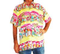 Double Duck Loud Hawaiian Men's Shirt Yellow With Tropical Beer Bottles, Holiday, Stag Night, Party, Pink, M - measures 50' in the chest, will fit up to 46' body, 28' long