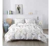 Double Duvet 4.5 Tog, Minimalist Weeds Pattern Soft Breathable Reversible Coverless Duvet 3 Piece, White Warm Lightweight Floral Bedding Set With 2 Pillowcase,