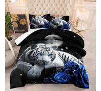 Double Duvet 7.5 Tog White Tiger 3D Printed All-Season Comforter, 200Gsm Microfibre Coverless Quilt, Soft Down Alternative Bedding Set With 2 Pillow Shams
