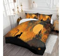 Double Duvet - Black Cat Gothic Architecture Coverless Duvet - All Seasons Halloween Theme Duvet- Quilt with Pillowcases - Lightweight Washable Comforter 200x200cm Orange