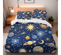 Double Duvet Cover Cartoon Bedding Double Bed Set Super Soft Print Microfibre, Planet Quilt Cover with Zipper Closure and 2 Pillowcases 19"x29" for boy girls