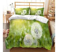 Double Duvet Cover Dandelion Bedding Sets Soft Microfibre 3D Green Plants Quilt Cover 200x200 cm with Zipper Closure + 2 Pillowcases 50x75 cm Bedroom Bed Set A-4736