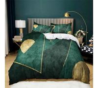 Double Duvet Cover, Emerald Green Gold Geometric Style Bedding Set Soft Brushed Breathable Microfiber with Zipper Closure, Comforter Cover 3 Pieces, 1 Duvet Cover and 2 Pillowcases (No Comforter)