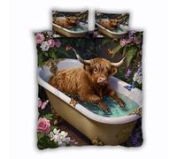Double Duvet Cover Highland Cow 200x200 cm Bedding Set with Zipper Closure Ultra Soft Microfiber 3D Butterflies Flowers Quilt Cover 3 Pieces with 2 Pillowcase 50x75（MXX 1-9）