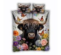 Double Duvet Cover Highland Cow 200x200 cm Bedding Set with Zipper Closure Ultra Soft Microfiber 3D Butterflies Flowers Quilt Cover 3 Pieces with 2 Pillowcase 50x75（MXX 1-4）