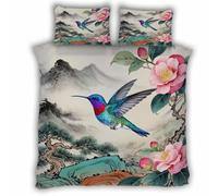 Double Duvet Cover Hummingbird 200x200 cm Bedding Set with Zipper Closure Ultra Soft Microfiber 3D Flowers Birds Quilt Cover 3 Pieces with 2 Pillowcase 50x75（MXX 4-1）