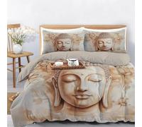 Double Duvet Cover - Microfiber Reversible Buddha Statue Lotus Printed Bedding Sets 200x200 cm 3 PCs - Ultrasoft Hypoallergenic Watercolor Zen Style Beige Quilt Cover Bedding Sets with Zipper Closure