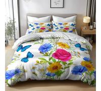 Double Duvet Cover & Pillowcase Set, Watercolor Wildflowers And Butterflies Pattern Reversible Bedding Set Soft Microfiber Duvet Cover Set for Kids Youth Adult Decor Room, White