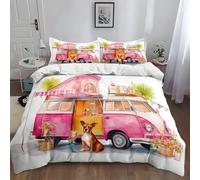Double Duvet Cover : Premium Brushed Microfiber Bedding 200 x 200 cm Quilt Cover with Watercolor Clipart Camper Puppy Flowers Design for Teens aldult, White, Universal for all seasons Suitable