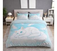 Double Duvet Cover & Quilt Cover Bedding Set - 200 x 200 cm 3 pcs + 2 Pillowcases, Super Soft Microfiber, Wrinkle-Resistant, Easy Care, Breathable, Light Blue, Japanese Style Anime Cat