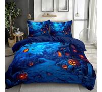 Double Duvet Cover Royal Blue, Halloween Haunted House Pumpkins Bats Soft Microfiber Quilt Duvet Cover Set with Zipper Closure and Corner Ties Easy Care Hotel Quality Bedding Sets with 2 Pillowcase