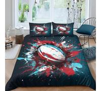 Double Duvet Cover Rugby Bedding Sets Soft Microfibre 3D Red Blue Doodle Quilt Cover 200x200 cm with Zipper Closure + 2 Pillowcases 50x75 cm Bedroom Bed Set D-5184