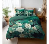 Double Duvet Cover Set 200 x 200 cm,teal blue Peony - ink wash Print,Brushed Microfibre - Super Soft, Reversible Quilt Cover with Hidden Zip & Corner Ties, 2