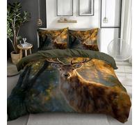 Double Duvet Cover Set 200 x 200 cm Vibrant Fantasy Deer Forest Sunshine Green Soft Microfiber - 3Pcs Quilt Cover with Zip Fastening, 2 Pillowcases 50x75cm - Skin Friendly Easy Care