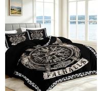 Double Duvet Cover Set 200x200 cm, Reversible Viking Valhalla Nordic Mythology Bedding Set with 2 Pillowcases, Black and Silver Quilt Cover with Zipper Closure, Soft Hypoallergenic Microfiber 3 Piece