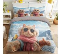 Double Duvet Cover Set 3D Animal Trendy Cat Thumbs Up, Light Blue Hyperrealistic, Soft Microfiber Quilt Cover Bedding Set for Pet Lover, Easy Care Reversible Concealed Zipper