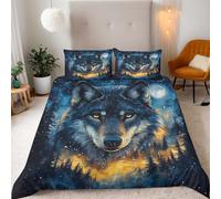 Double Duvet Cover Set 3D Starry sky Forest Animal Wolf Print Bedding Set 3 Pcs Quilt Cover 200x200 cm Microfiber Soft Breathable Comforter Cover + 2 Pillowcases With zip corner Ties Bedroom Decor